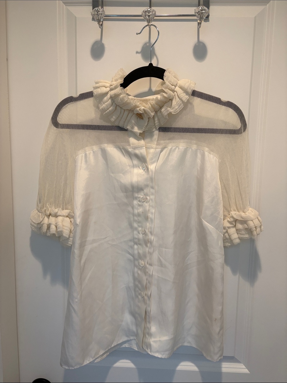 RED Valentino Cream Ruffle Mesh-Sleeve Button Down Top